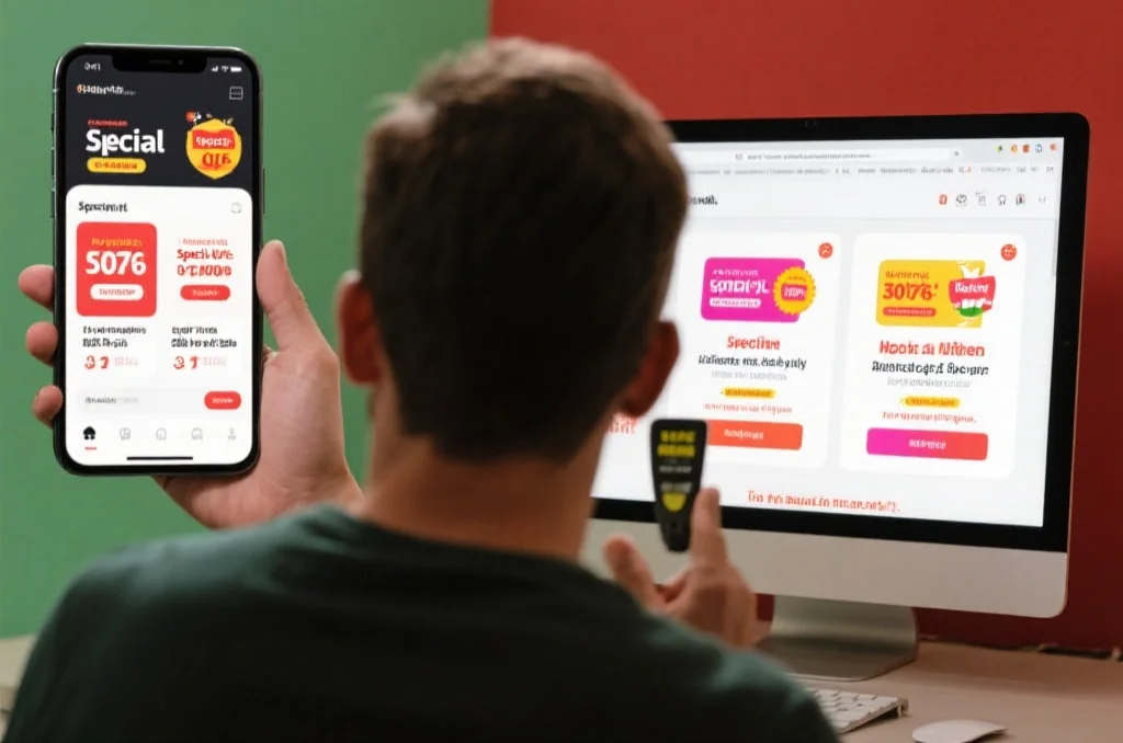 一个人同时查看手机应用和网页浏览器上的体育平台，比较不同优惠活动