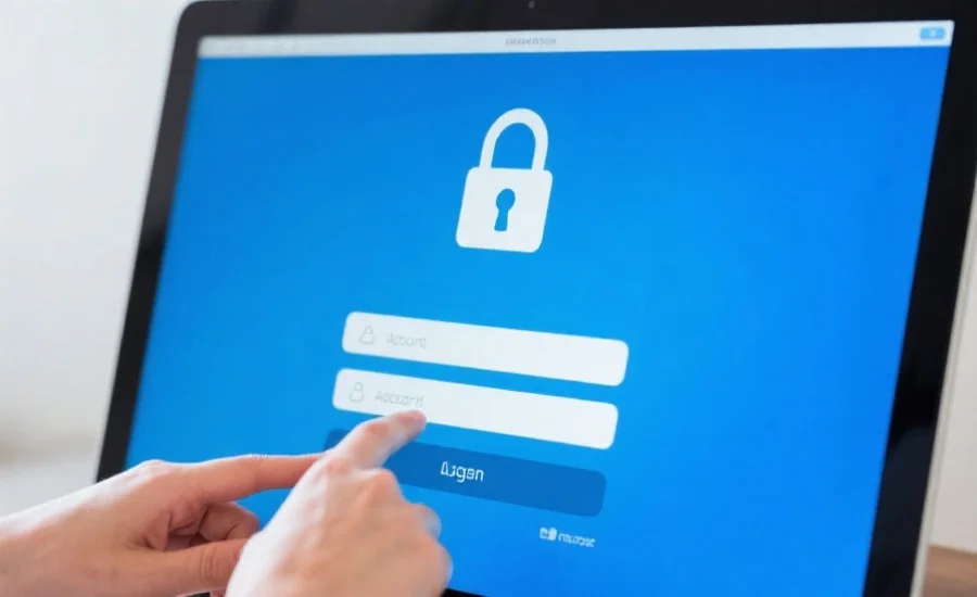 电脑屏幕上显示一个带有安全锁标志的登录界面，用户谨慎地输入账户信息，背景为简洁蓝色